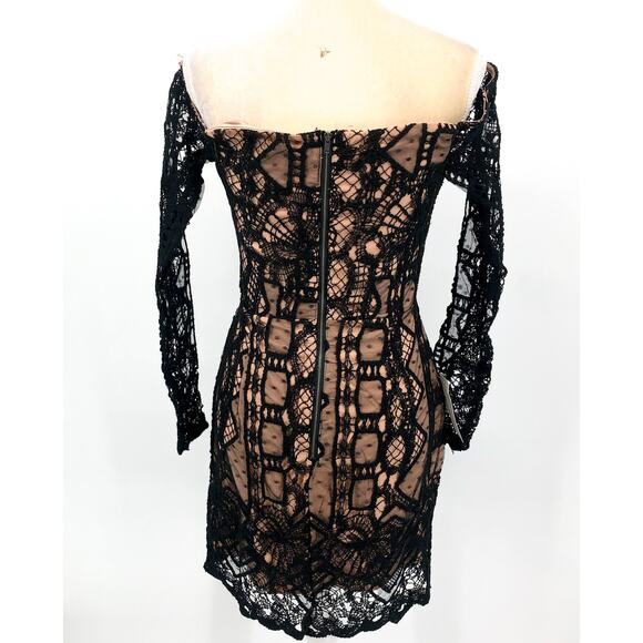 BARDOT Women's Zendaya Mini Lace Dress US 8 Large Black Nude Off Shoulder NWT - Picture 6 of 12